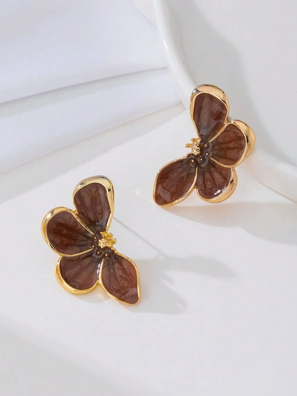 brown Women's Handpainted Enamel Golden floral Earrings